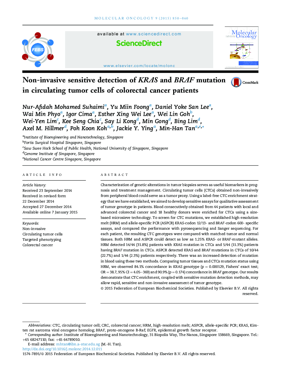 Non-invasive sensitive detection of KRAS and BRAF mutation in circulating tumor cells of colorectal cancer patients