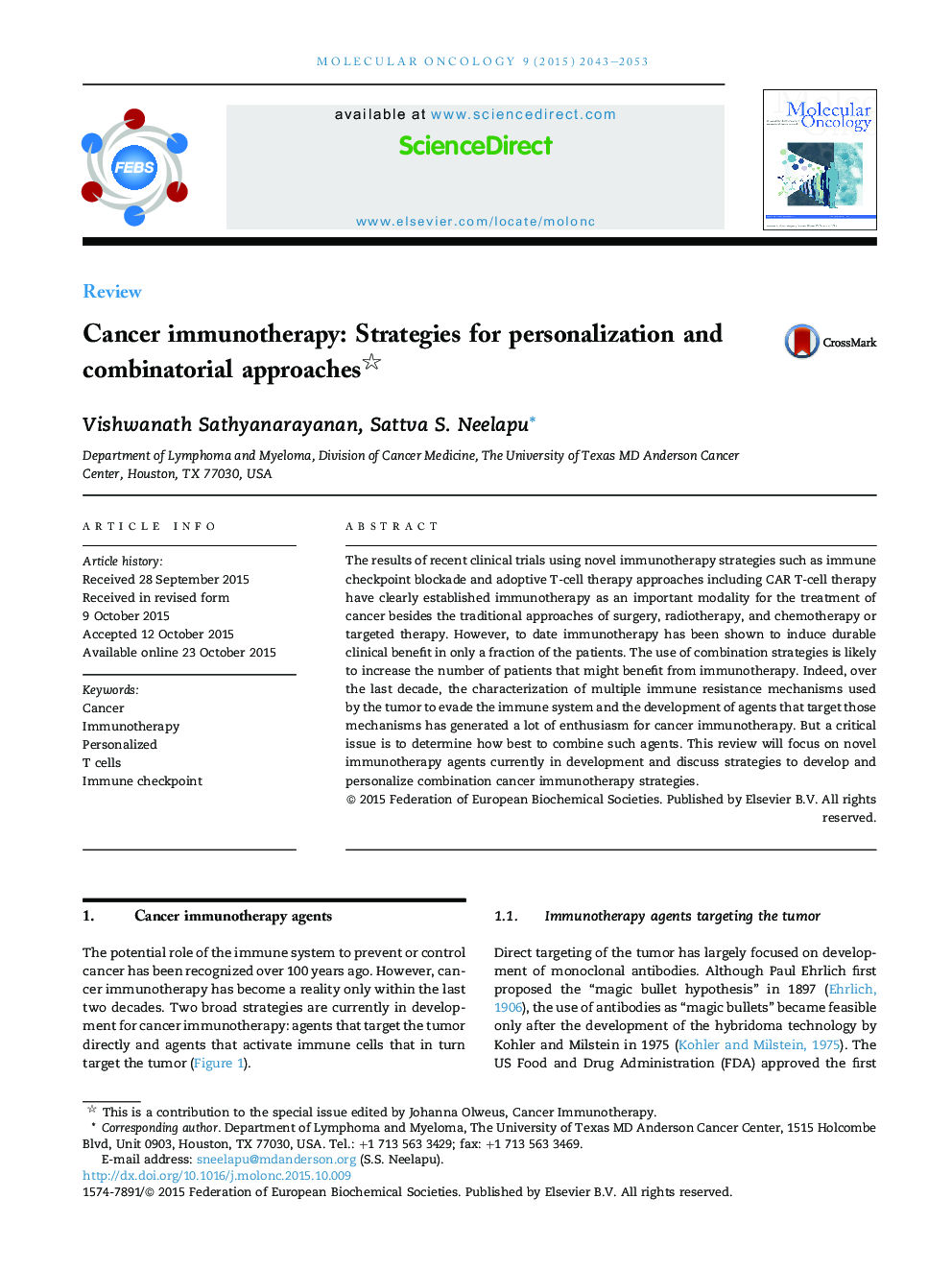 Cancer immunotherapy: Strategies for personalization and combinatorial approaches 