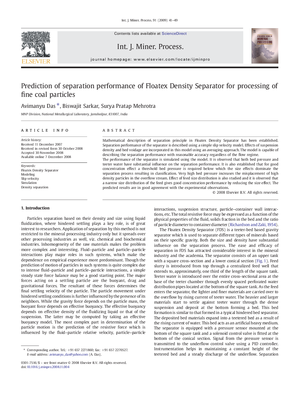 Prediction of separation performance of Floatex Density Separator for processing of fine coal particles