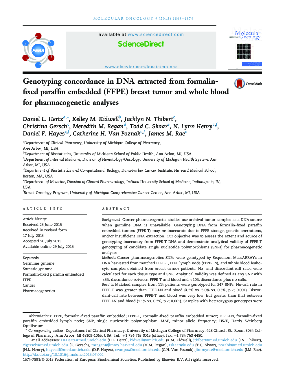 Genotyping concordance in DNA extracted from formalin-fixed paraffin embedded (FFPE) breast tumor and whole blood for pharmacogenetic analyses