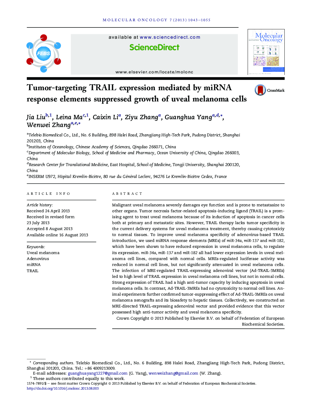 Tumor-targeting TRAIL expression mediated by miRNA response elements suppressed growth of uveal melanoma cells