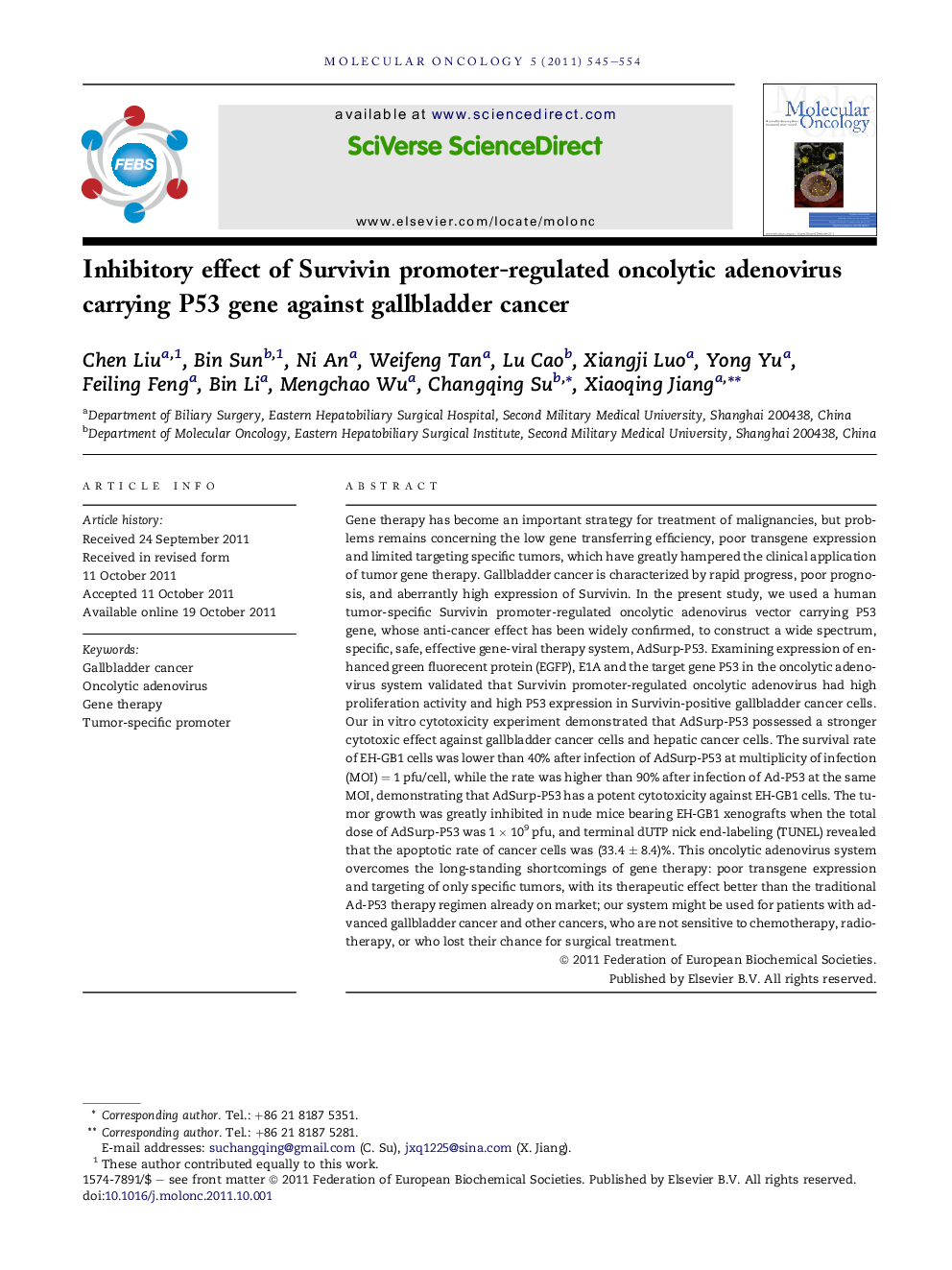 Inhibitory effect of Survivin promoter-regulated oncolytic adenovirus carrying P53 gene against gallbladder cancer