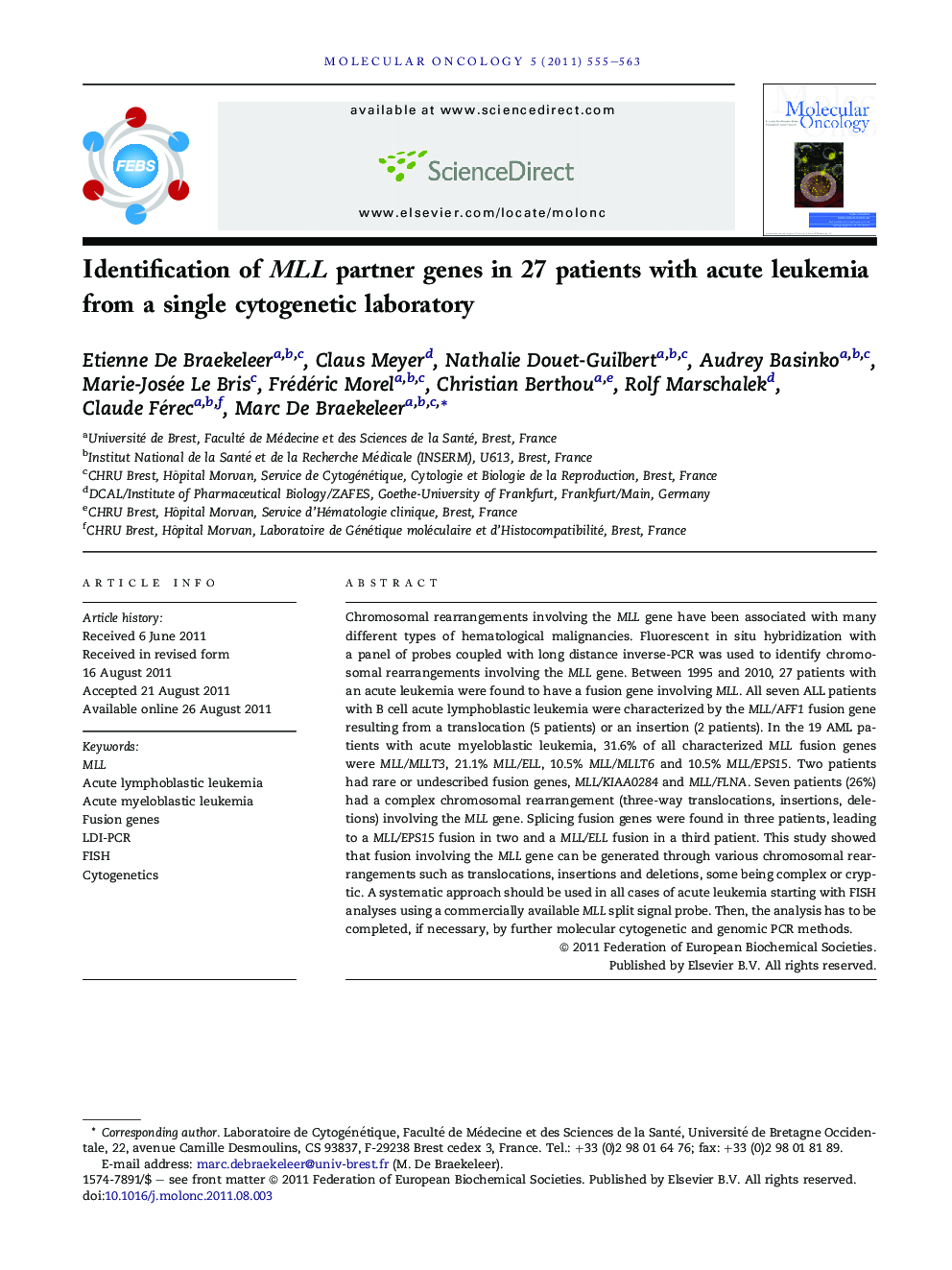 Identification of MLL partner genes in 27 patients with acute leukemia from a single cytogenetic laboratory