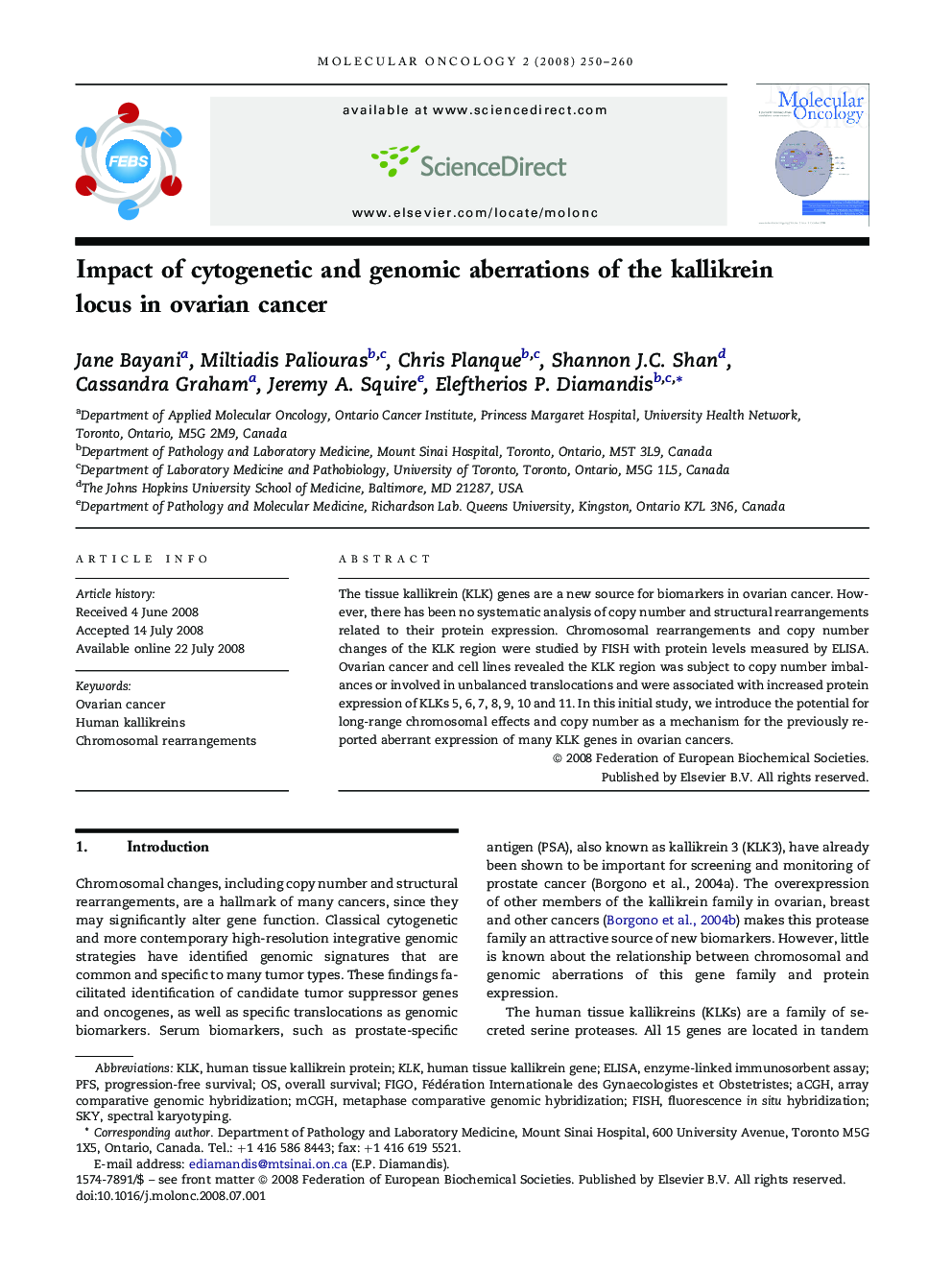 Impact of cytogenetic and genomic aberrations of the kallikrein locus in ovarian cancer