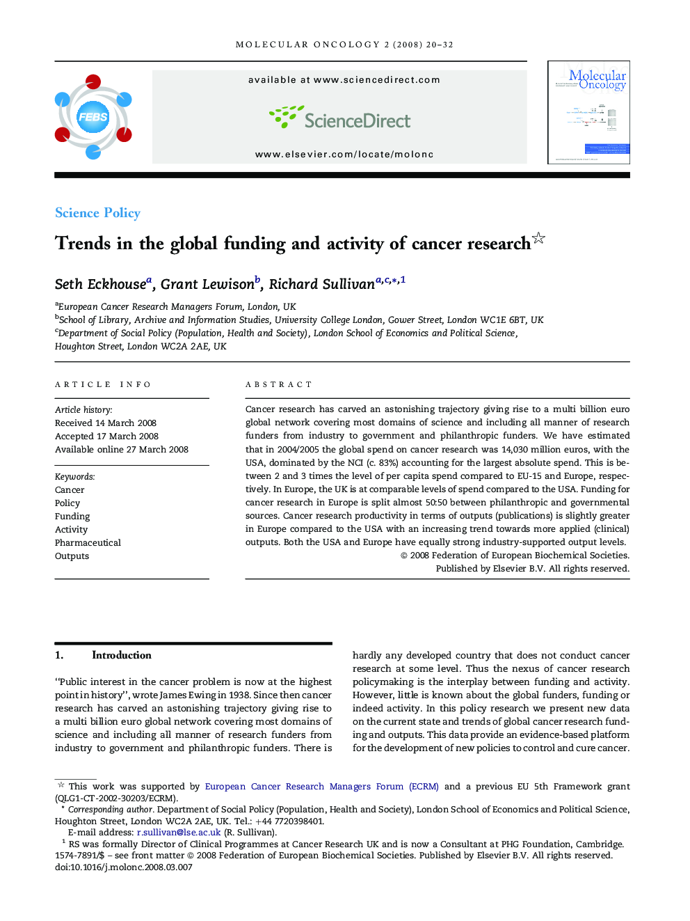Trends in the global funding and activity of cancer research 