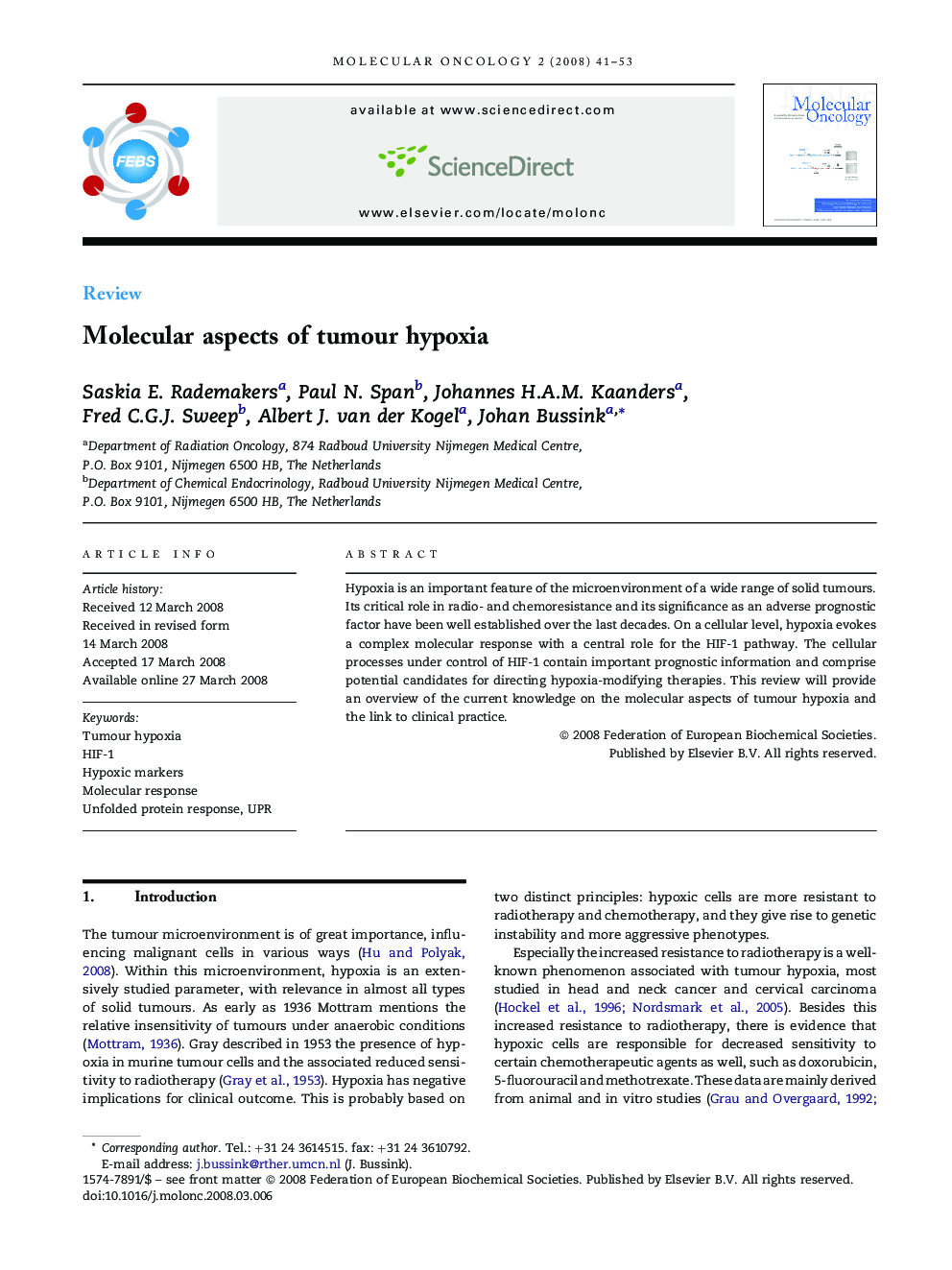 Molecular aspects of tumour hypoxia