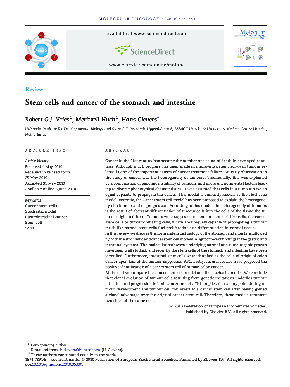 Stem cells and cancer of the stomach and intestine