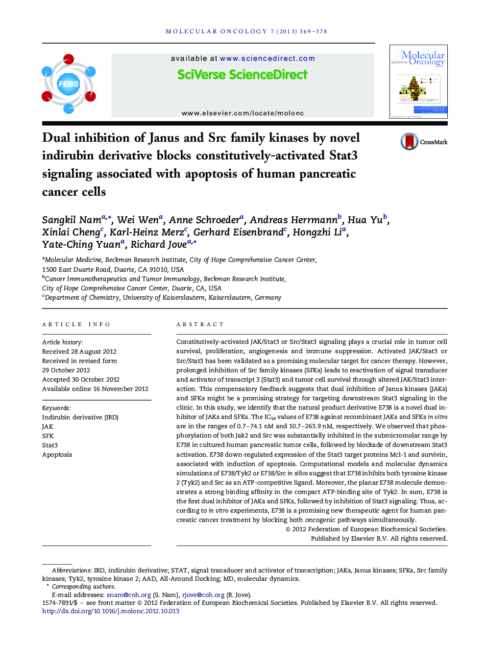 Dual inhibition of Janus and Src family kinases by novel indirubin derivative blocks constitutively-activated Stat3 signaling associated with apoptosis of human pancreatic cancer cells