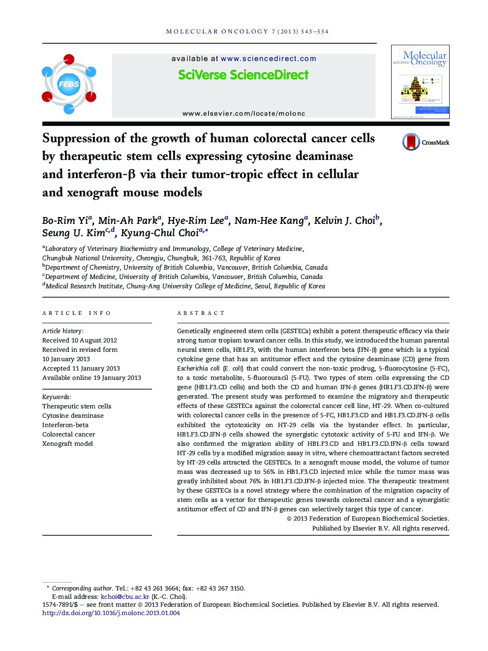 Suppression of the growth of human colorectal cancer cells by therapeutic stem cells expressing cytosine deaminase and interferon-β via their tumor-tropic effect in cellular and xenograft mouse models