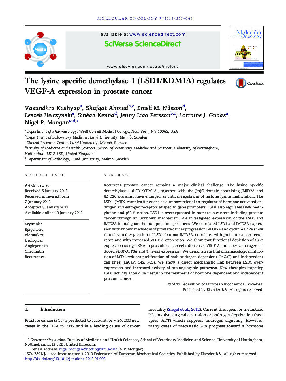 The lysine specific demethylase-1 (LSD1/KDM1A) regulates VEGF-A expression in prostate cancer