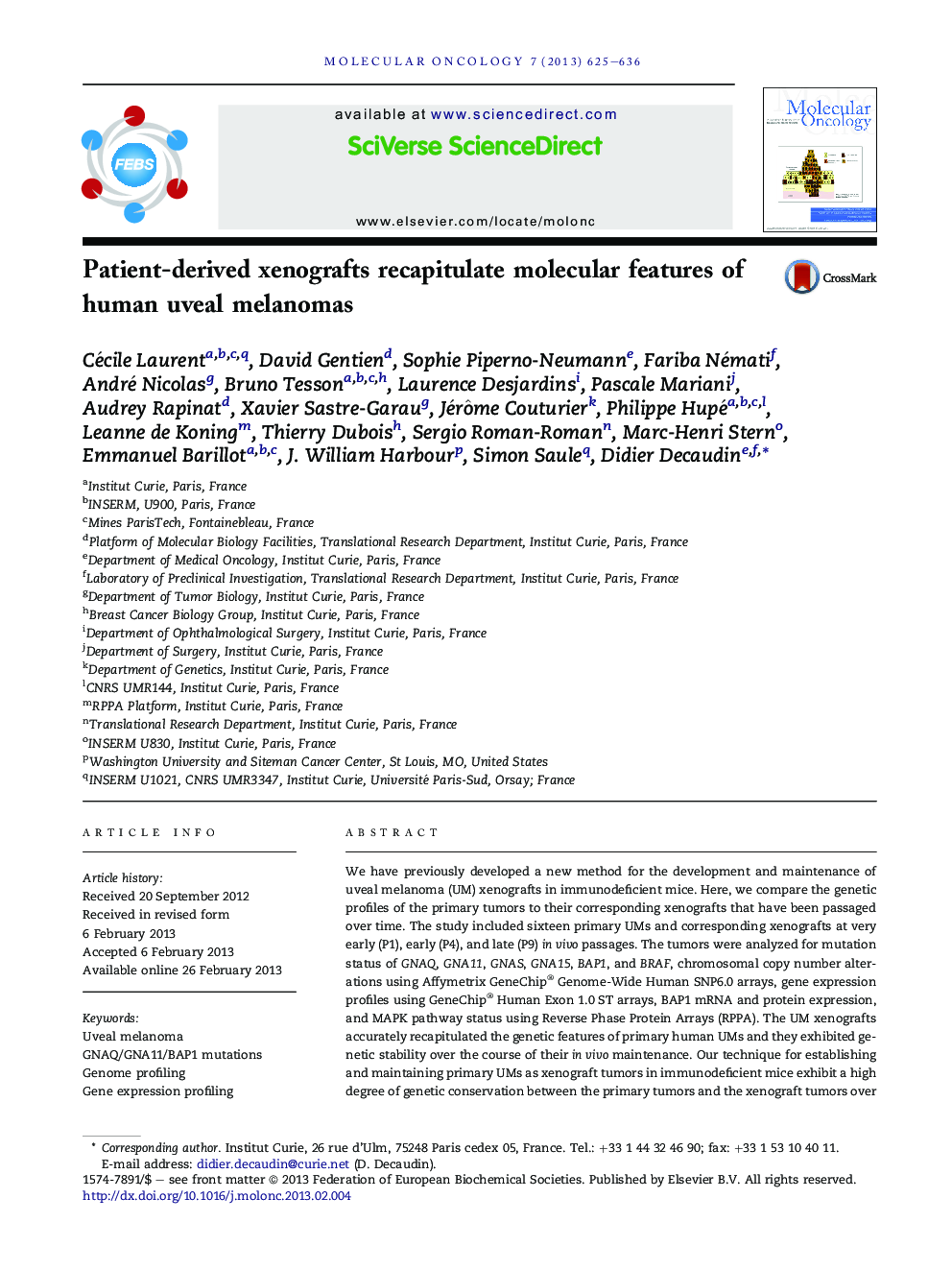Patient-derived xenografts recapitulate molecular features of human uveal melanomas