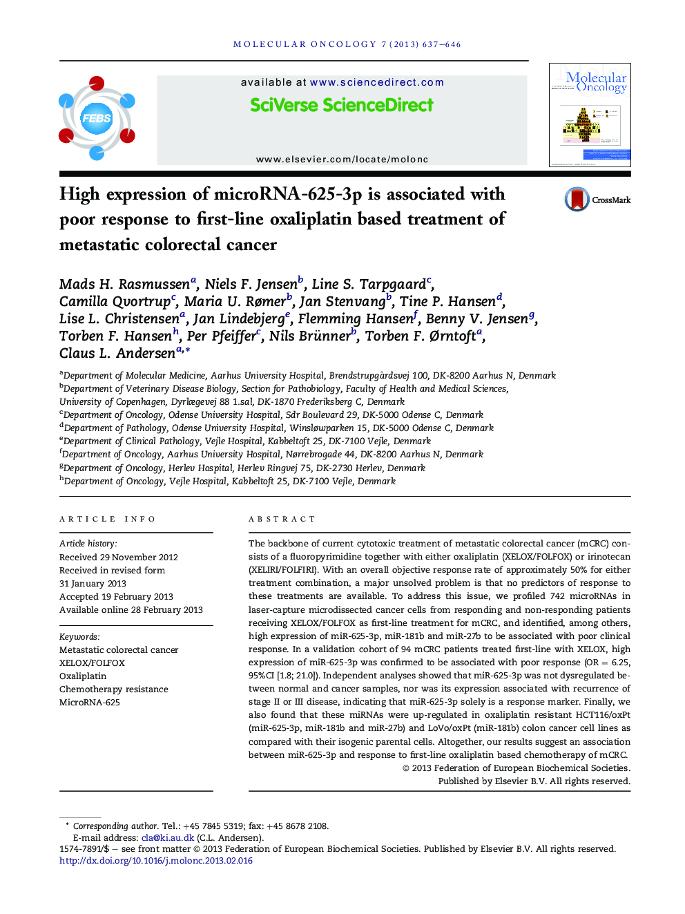 High expression of microRNA-625-3p is associated with poor response to first-line oxaliplatin based treatment of metastatic colorectal cancer