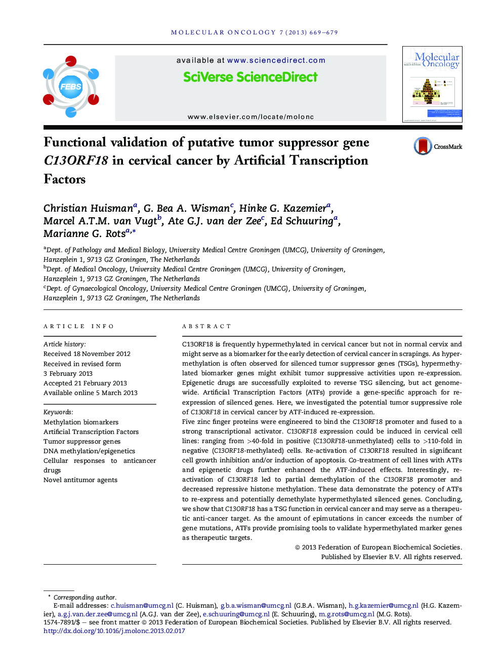 Functional validation of putative tumor suppressor gene C13ORF18 in cervical cancer by Artificial Transcription Factors
