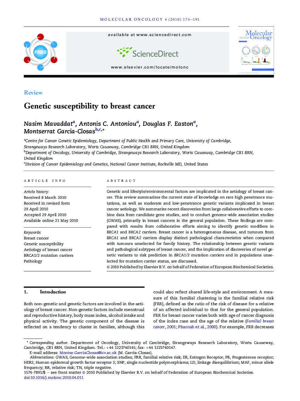 Genetic susceptibility to breast cancer