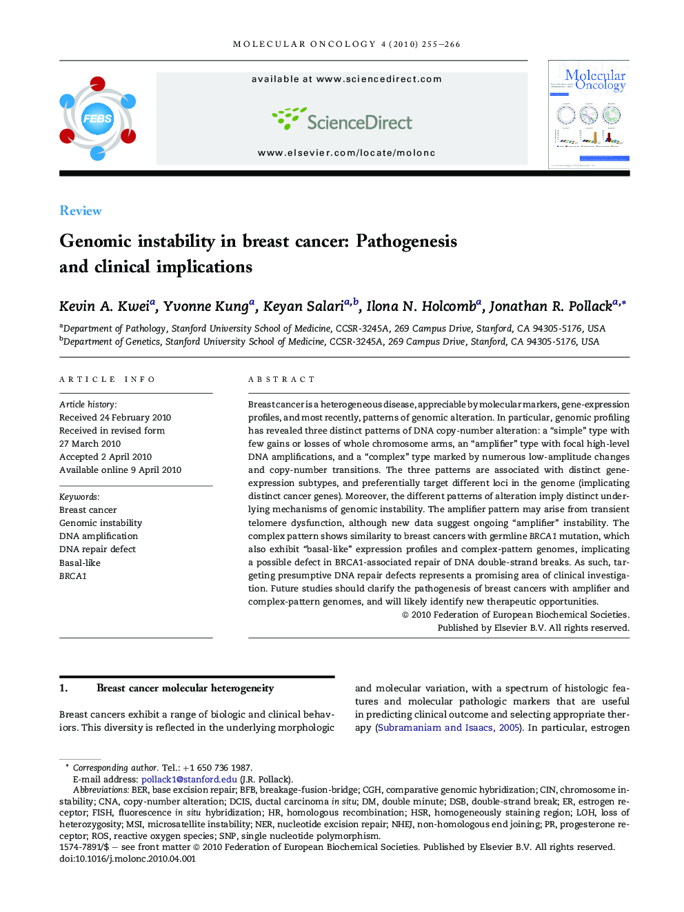 Genomic instability in breast cancer: Pathogenesis and clinical implications