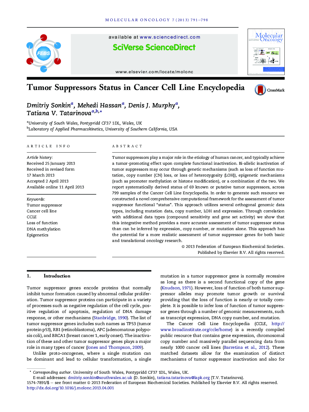 Tumor Suppressors Status in Cancer Cell Line Encyclopedia