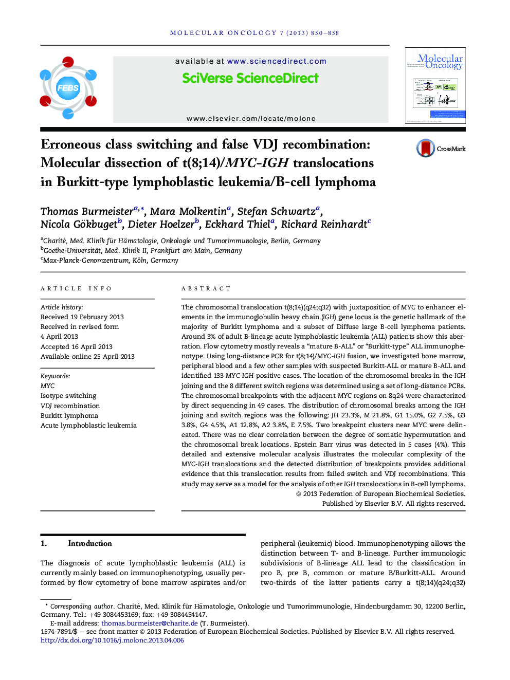 Erroneous class switching and false VDJ recombination: Molecular dissection of t(8;14)/MYC-IGH translocations in Burkitt-type lymphoblastic leukemia/B-cell lymphoma