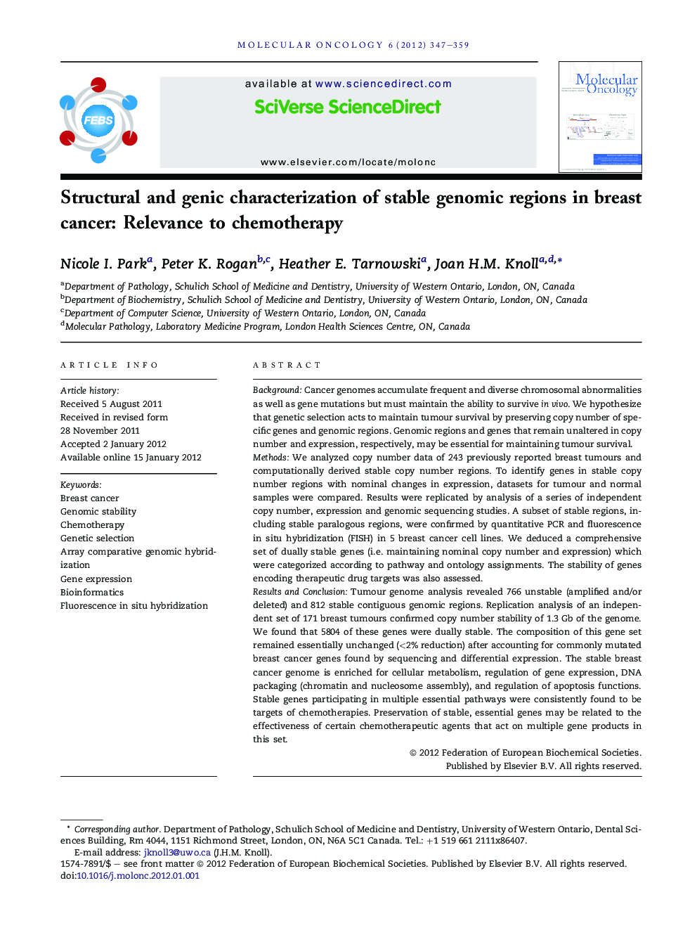 Structural and genic characterization of stable genomic regions in breast cancer: Relevance to chemotherapy
