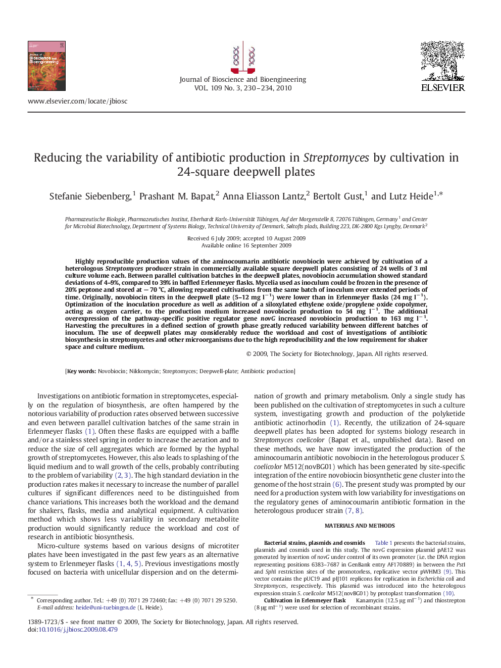 Reducing the variability of antibiotic production in Streptomyces by cultivation in 24-square deepwell plates