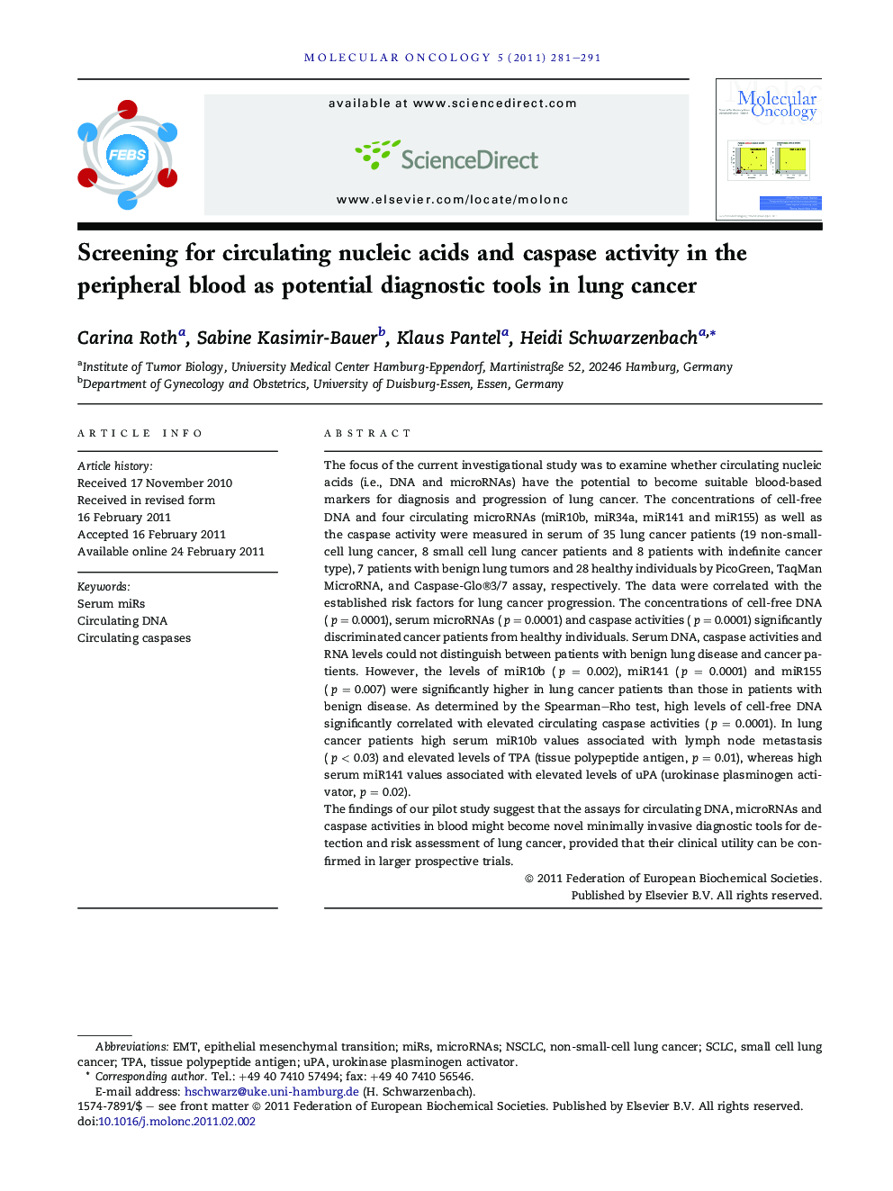 Screening for circulating nucleic acids and caspase activity in the peripheral blood as potential diagnostic tools in lung cancer