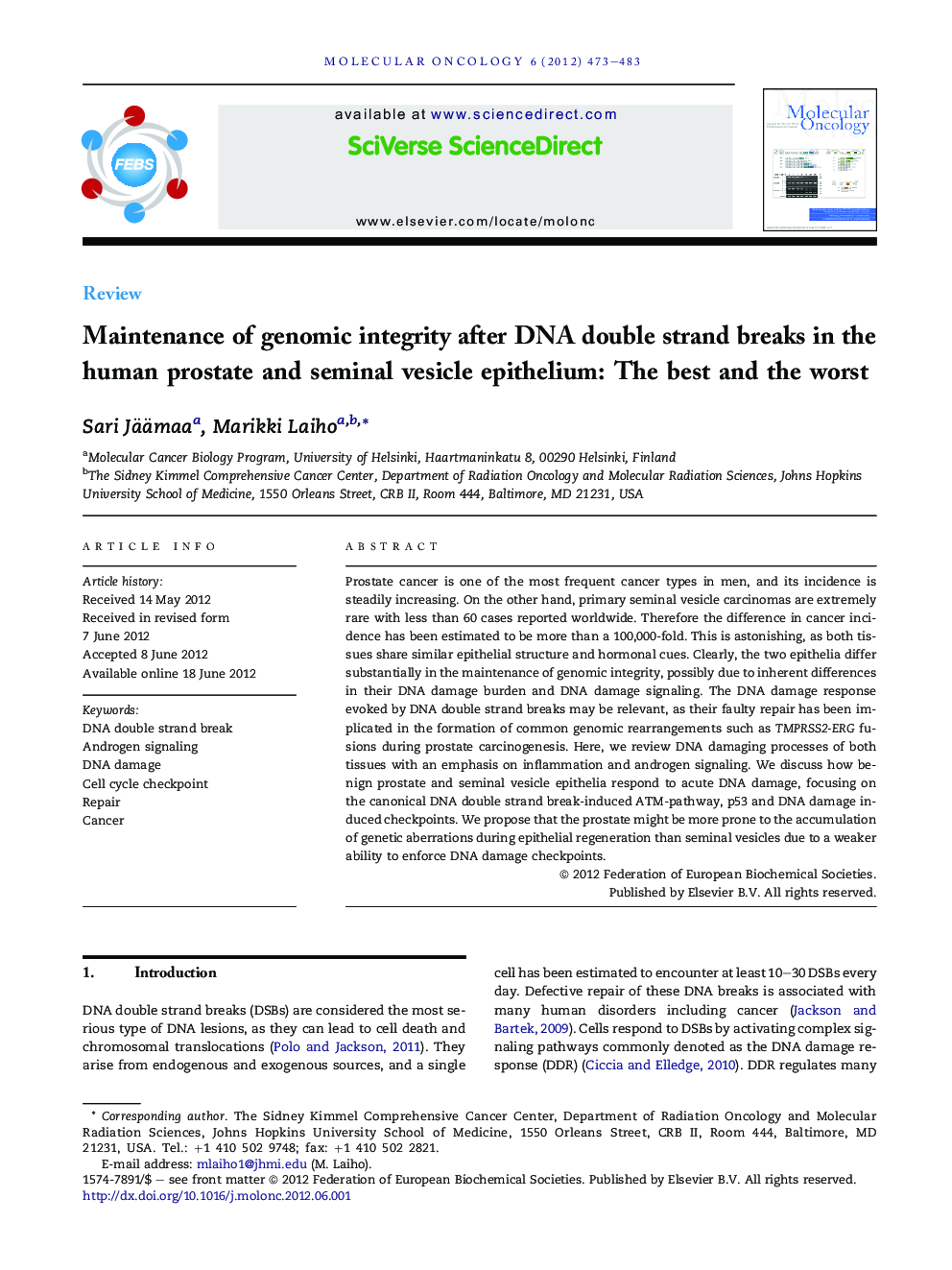 Maintenance of genomic integrity after DNA double strand breaks in the human prostate and seminal vesicle epithelium: The best and the worst