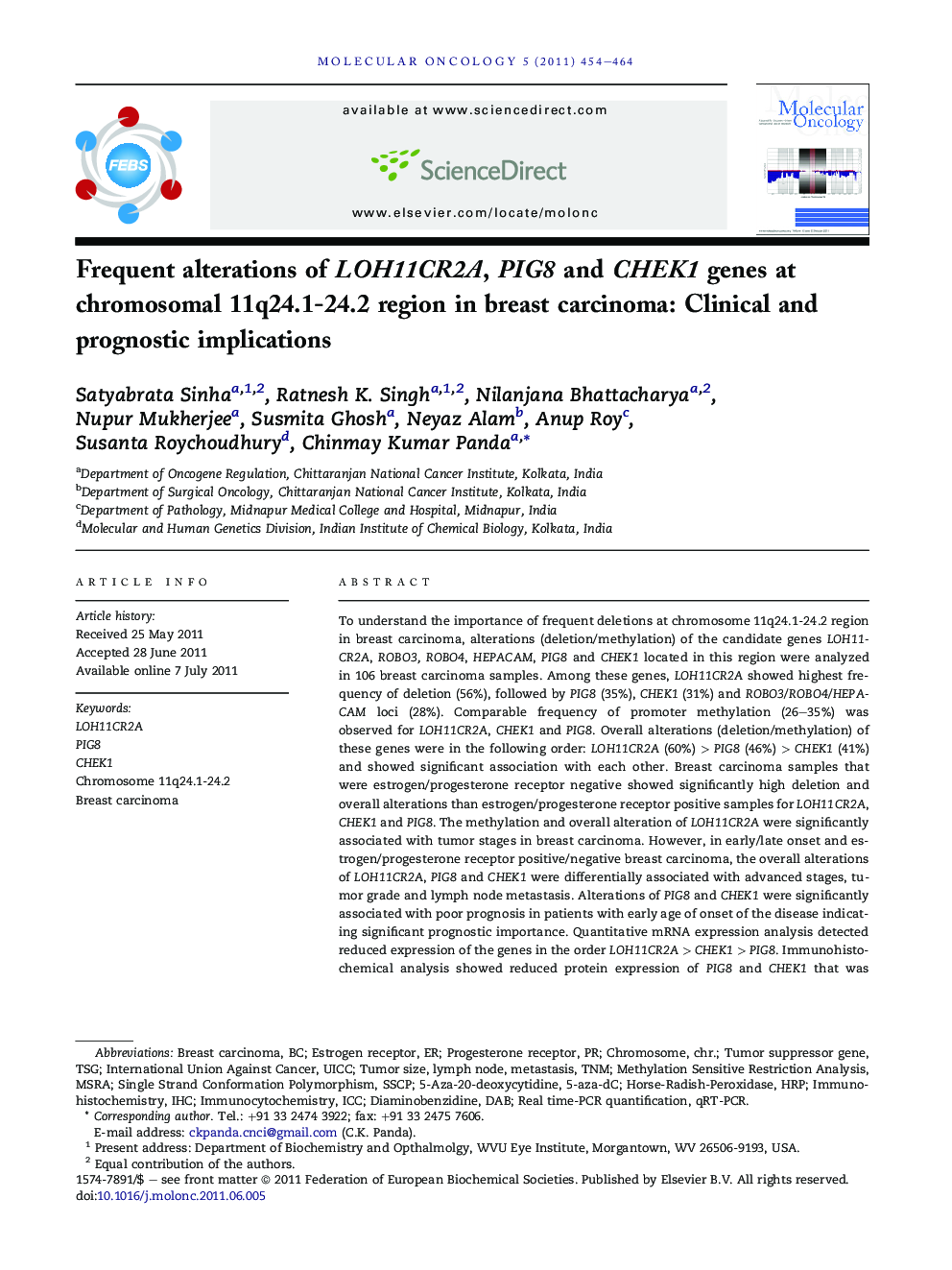 Frequent alterations of LOH11CR2A, PIG8 and CHEK1 genes at chromosomal 11q24.1-24.2 region in breast carcinoma: Clinical and prognostic implications