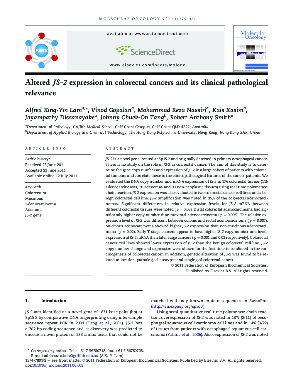 Altered JS-2 expression in colorectal cancers and its clinical pathological relevance