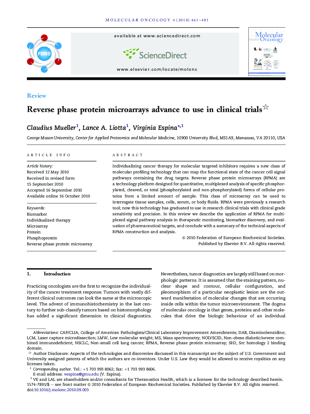 Reverse phase protein microarrays advance to use in clinical trials 