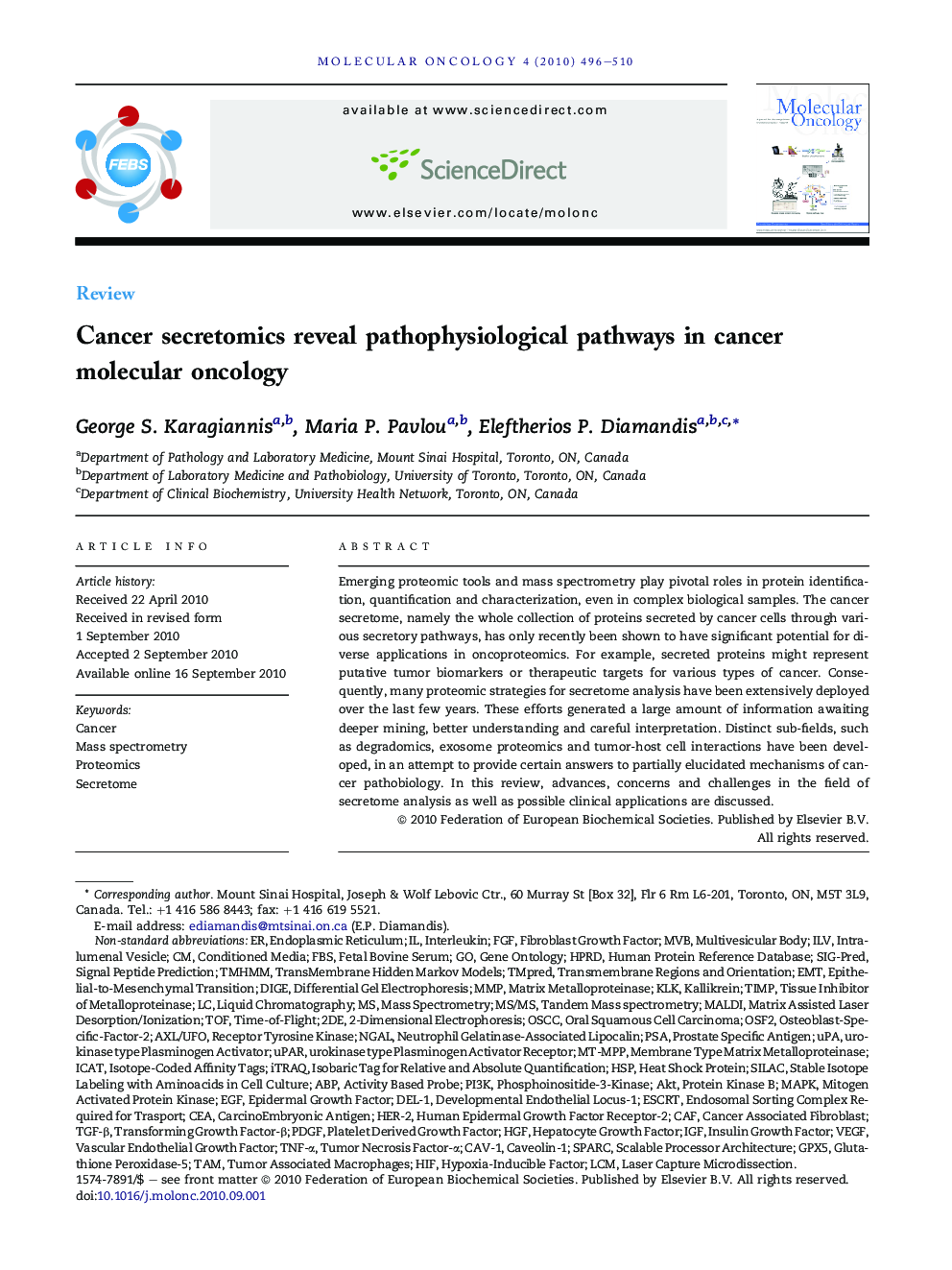 Cancer secretomics reveal pathophysiological pathways in cancer molecular oncology