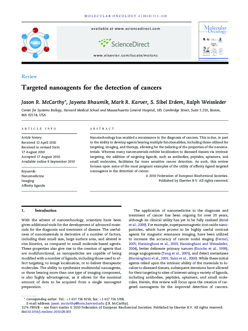 Targeted nanoagents for the detection of cancers