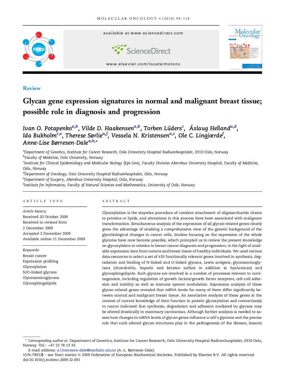 Glycan gene expression signatures in normal and malignant breast tissue; possible role in diagnosis and progression