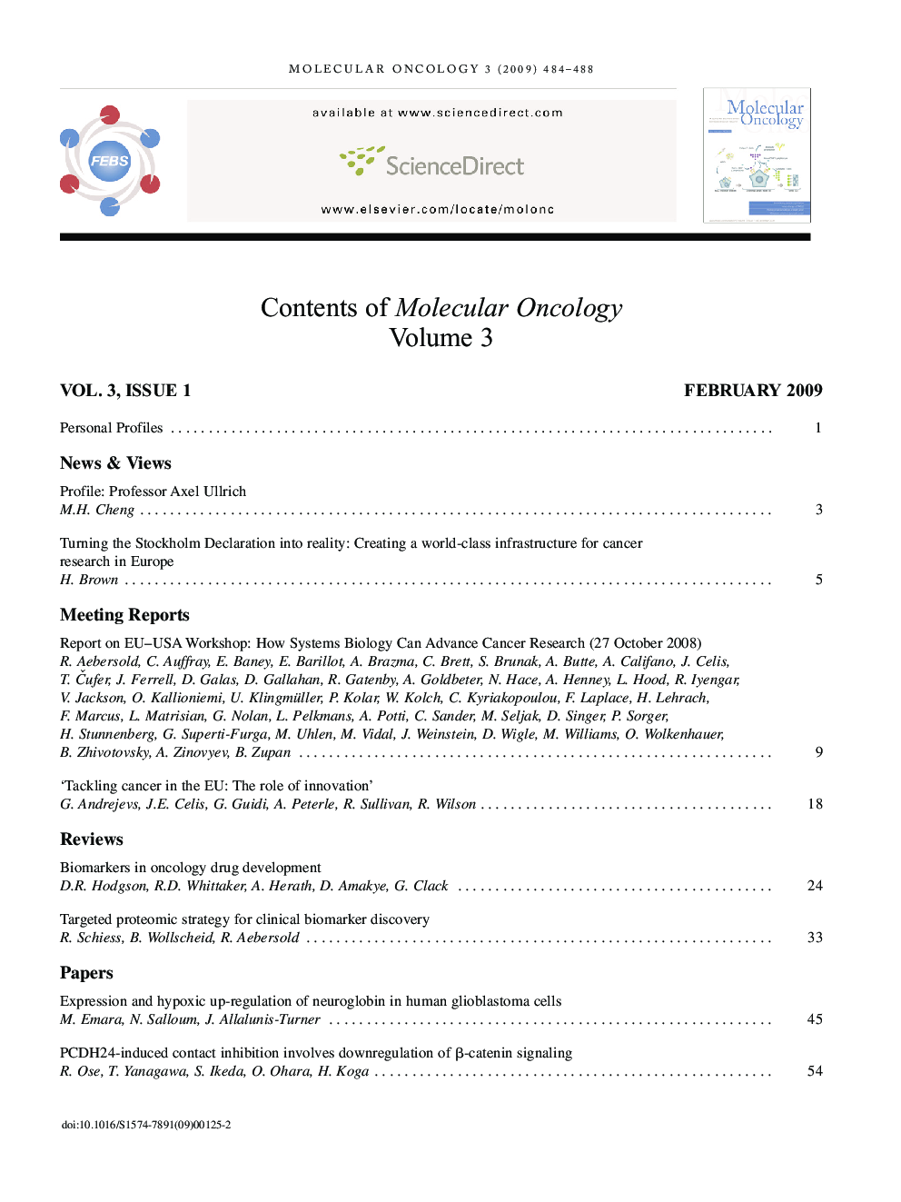 Contents of Molecular Oncology Volume 3