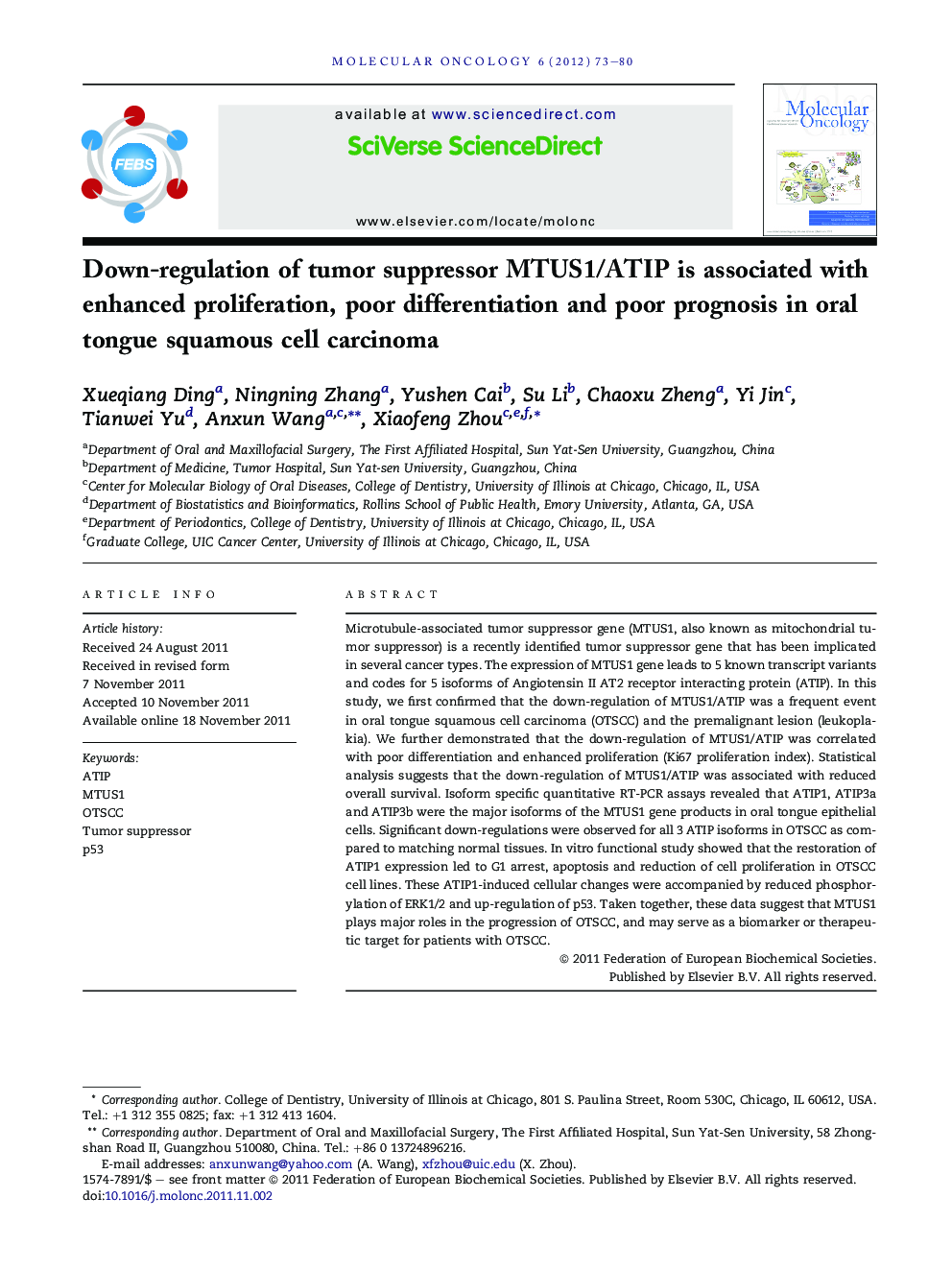 Down-regulation of tumor suppressor MTUS1/ATIP is associated with enhanced proliferation, poor differentiation and poor prognosis in oral tongue squamous cell carcinoma
