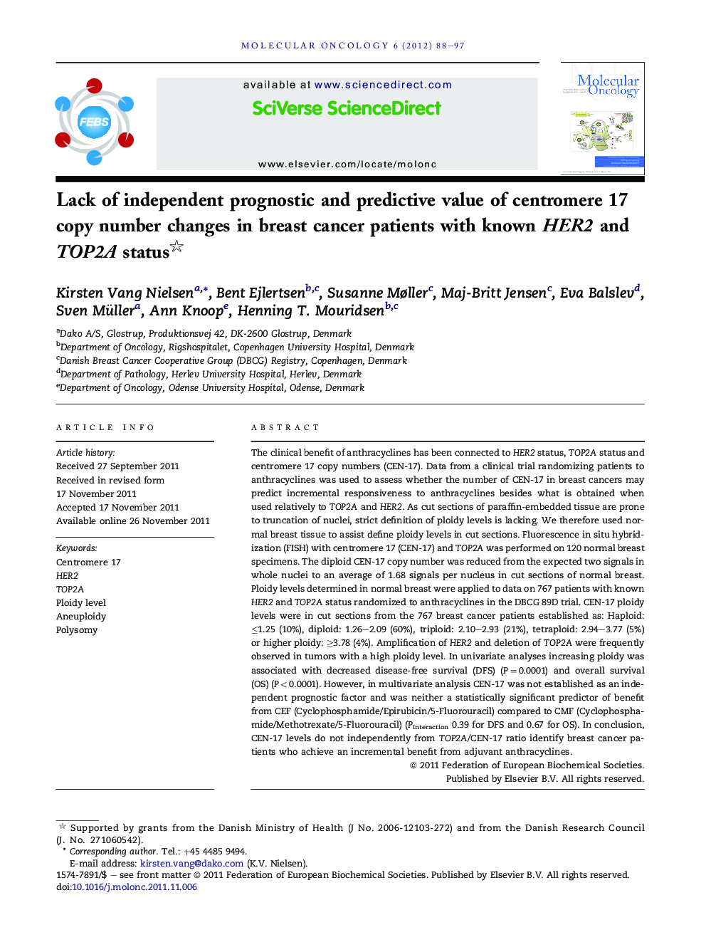 Lack of independent prognostic and predictive value of centromere 17 copy number changes in breast cancer patients with known HER2 and TOP2A status 