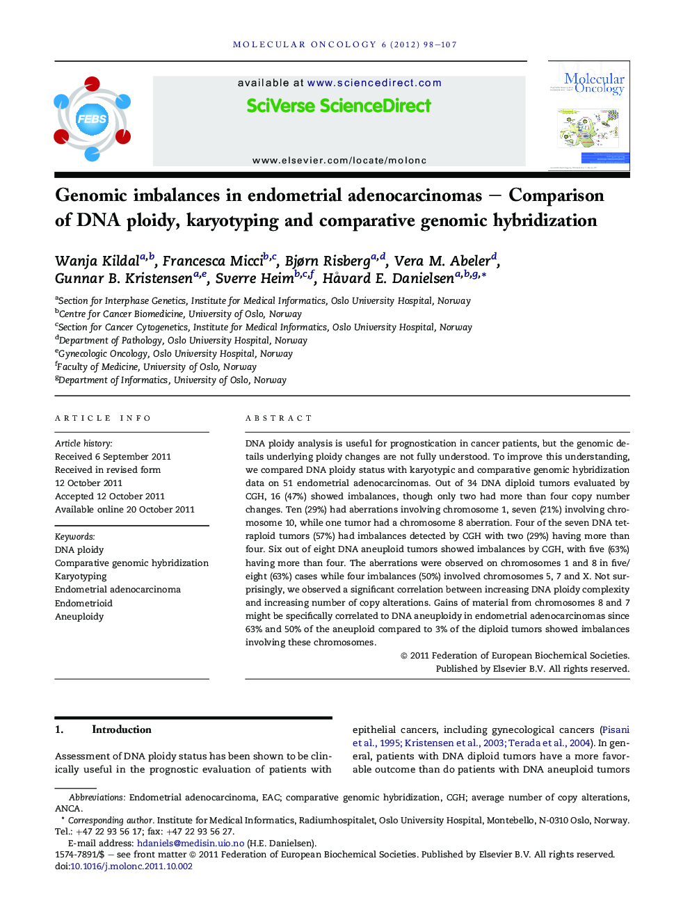 Genomic imbalances in endometrial adenocarcinomas – Comparison of DNA ploidy, karyotyping and comparative genomic hybridization