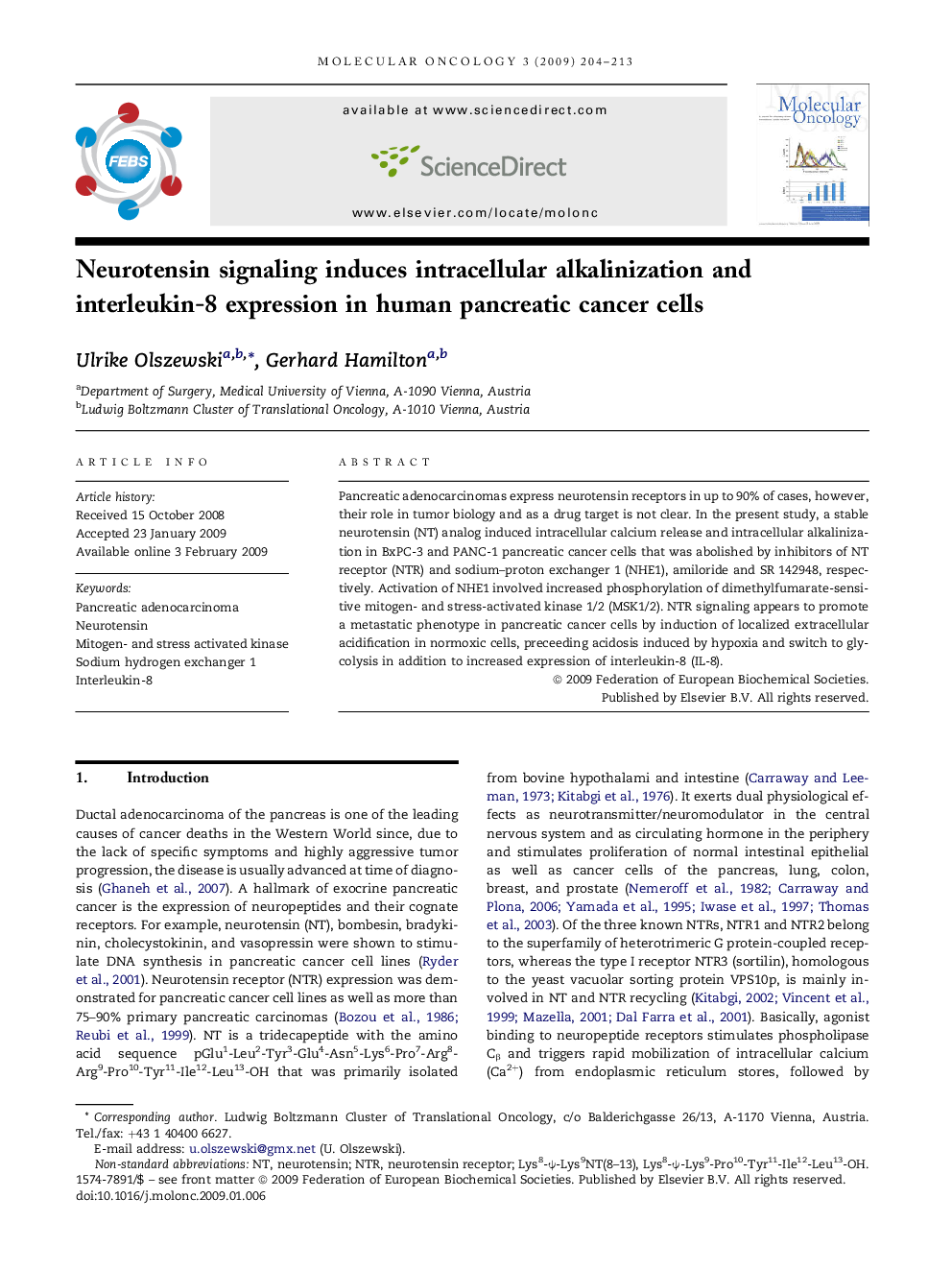 Neurotensin signaling induces intracellular alkalinization and interleukin-8 expression in human pancreatic cancer cells