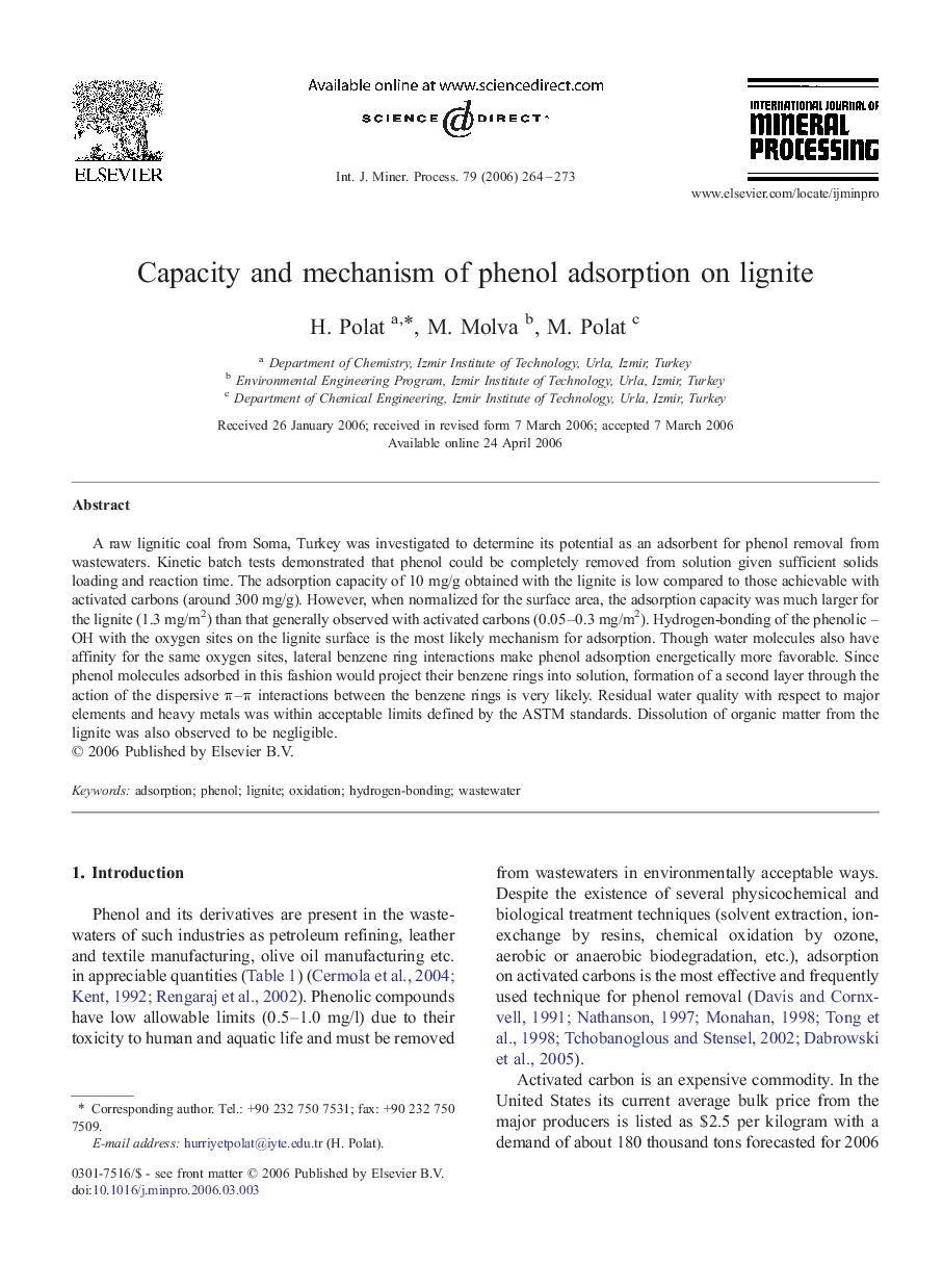 Capacity and mechanism of phenol adsorption on lignite