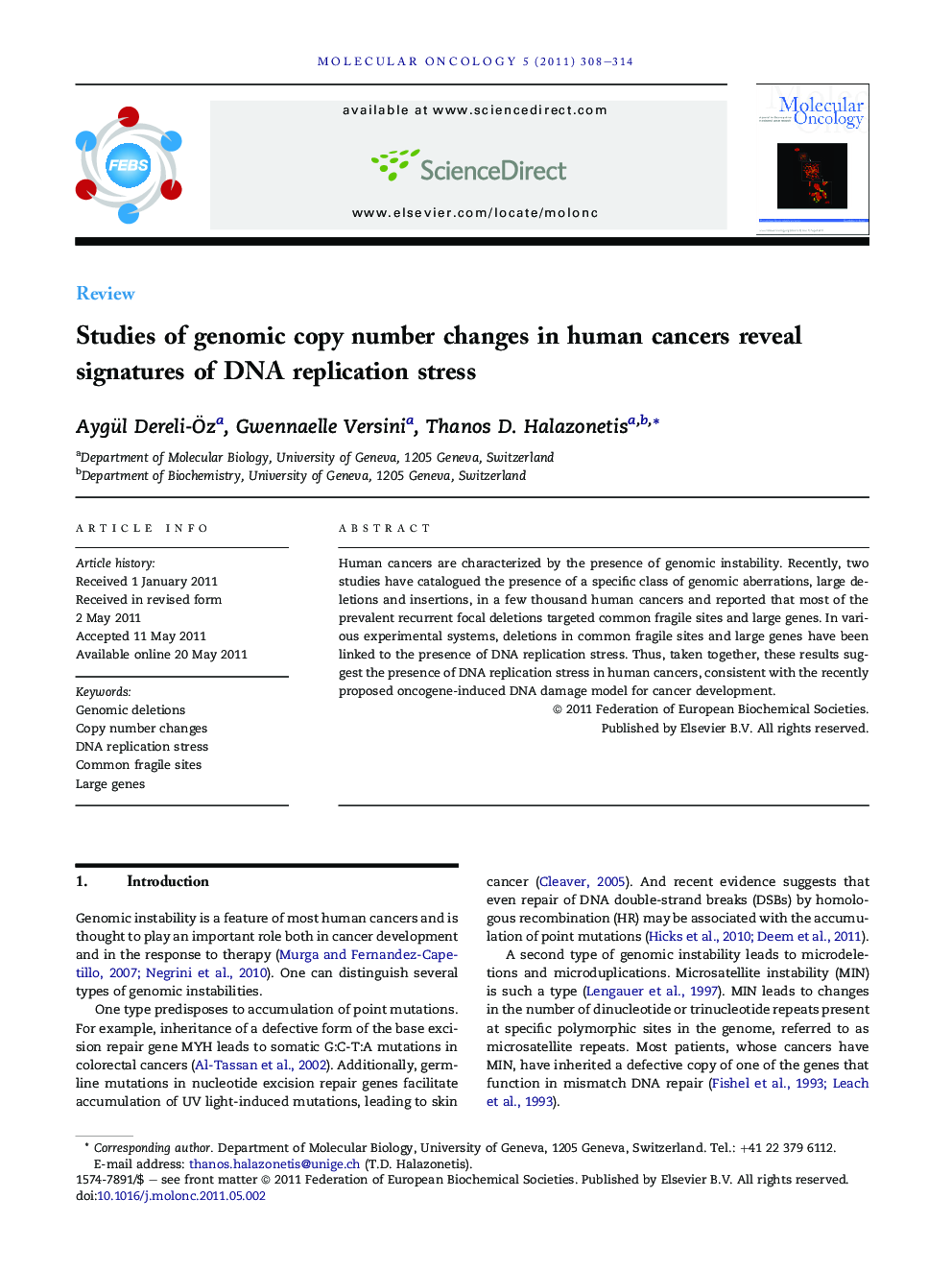 Studies of genomic copy number changes in human cancers reveal signatures of DNA replication stress