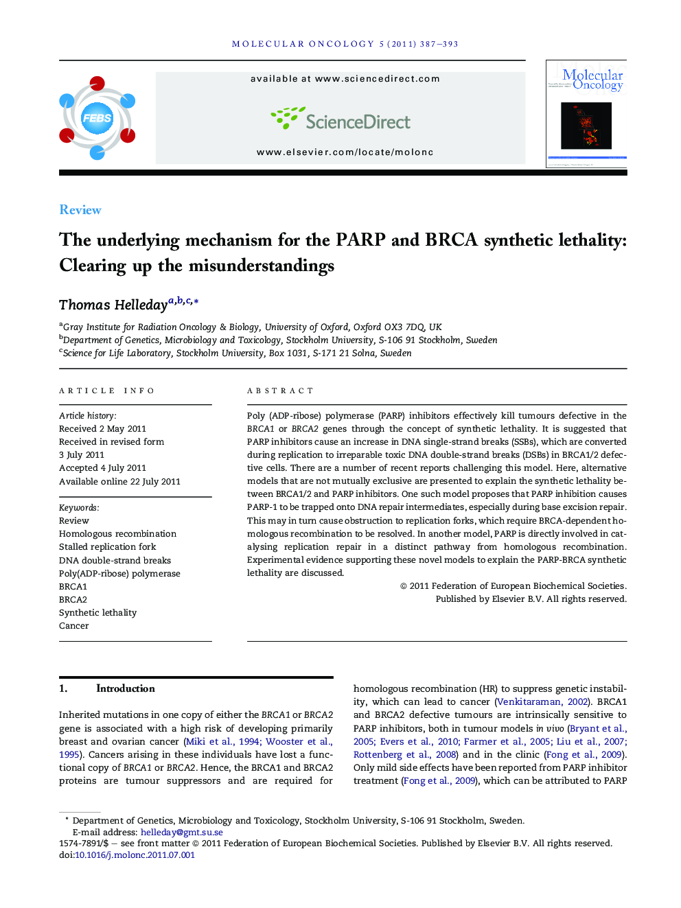 The underlying mechanism for the PARP and BRCA synthetic lethality: Clearing up the misunderstandings