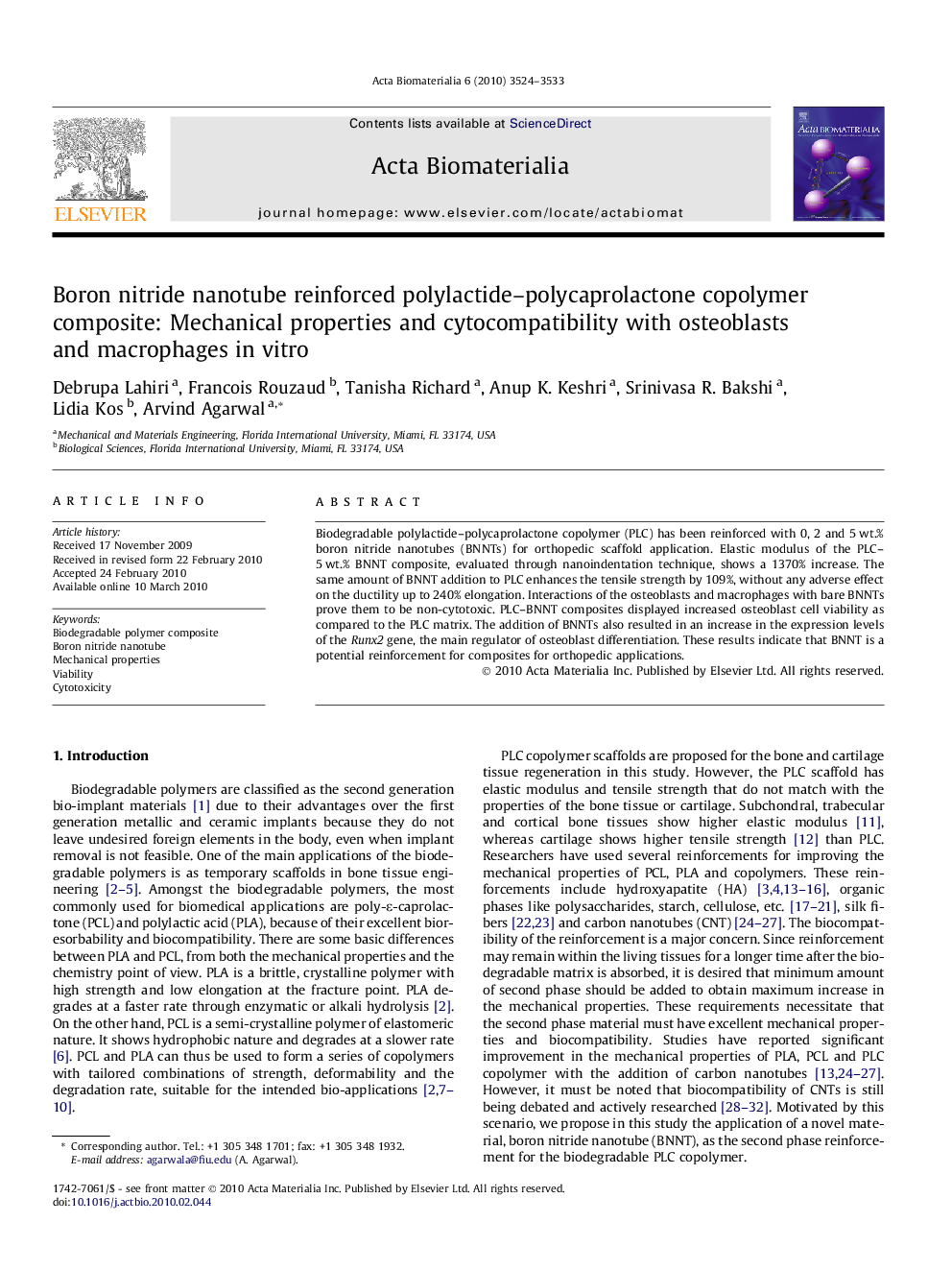 Boron nitride nanotube reinforced polylactide–polycaprolactone copolymer composite: Mechanical properties and cytocompatibility with osteoblasts and macrophages in vitro