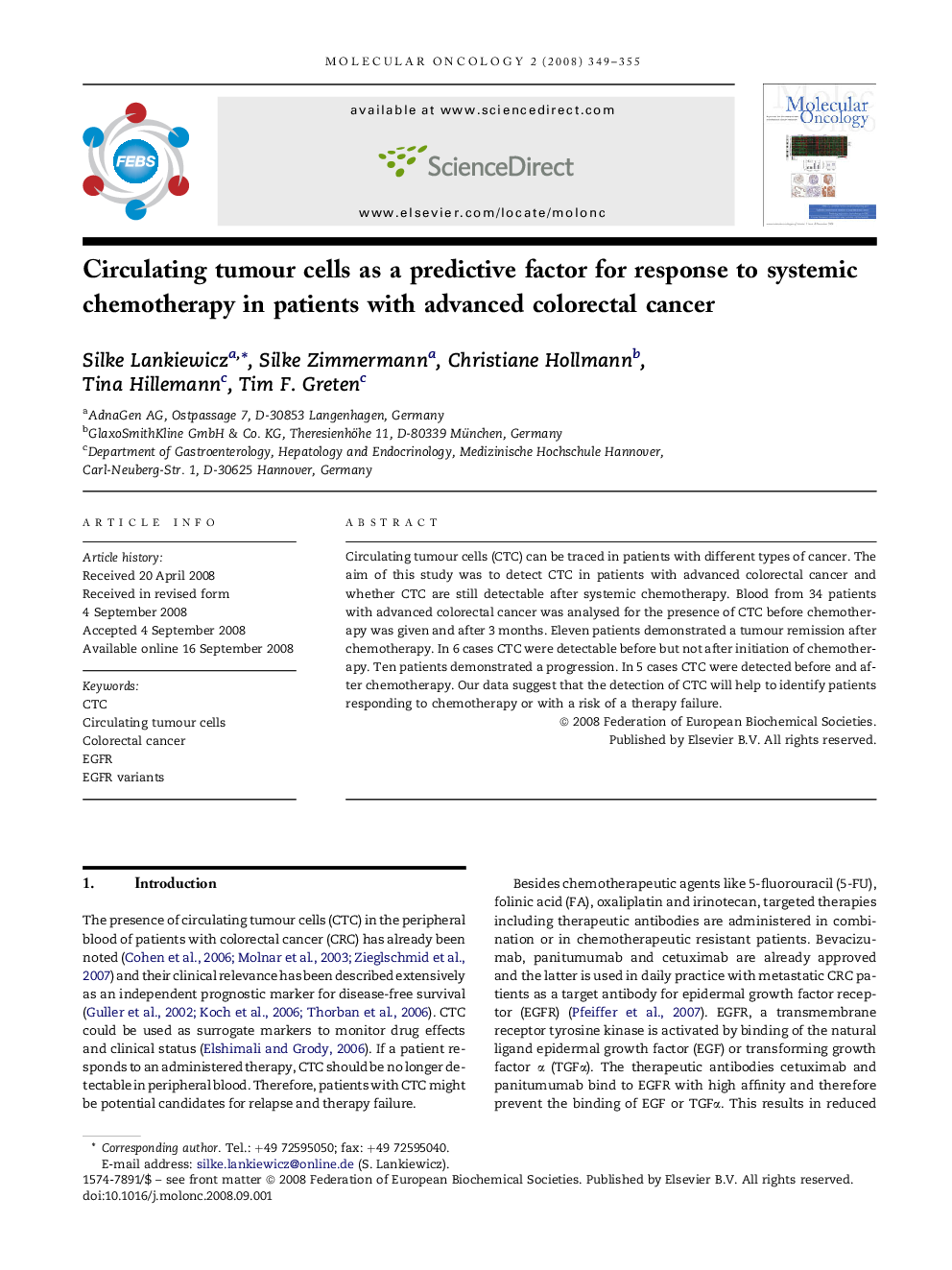 Circulating tumour cells as a predictive factor for response to systemic chemotherapy in patients with advanced colorectal cancer