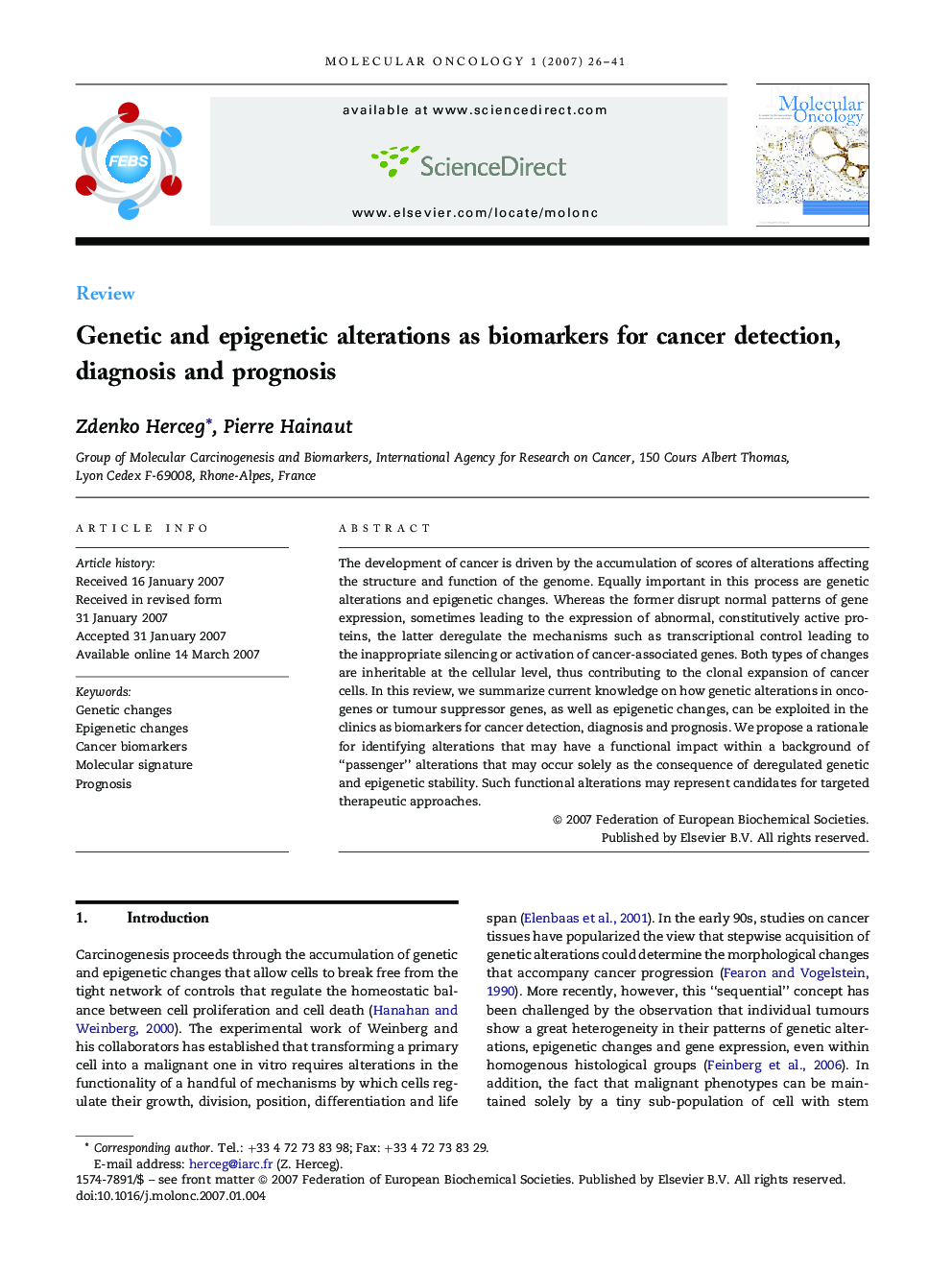 Genetic and epigenetic alterations as biomarkers for cancer detection, diagnosis and prognosis