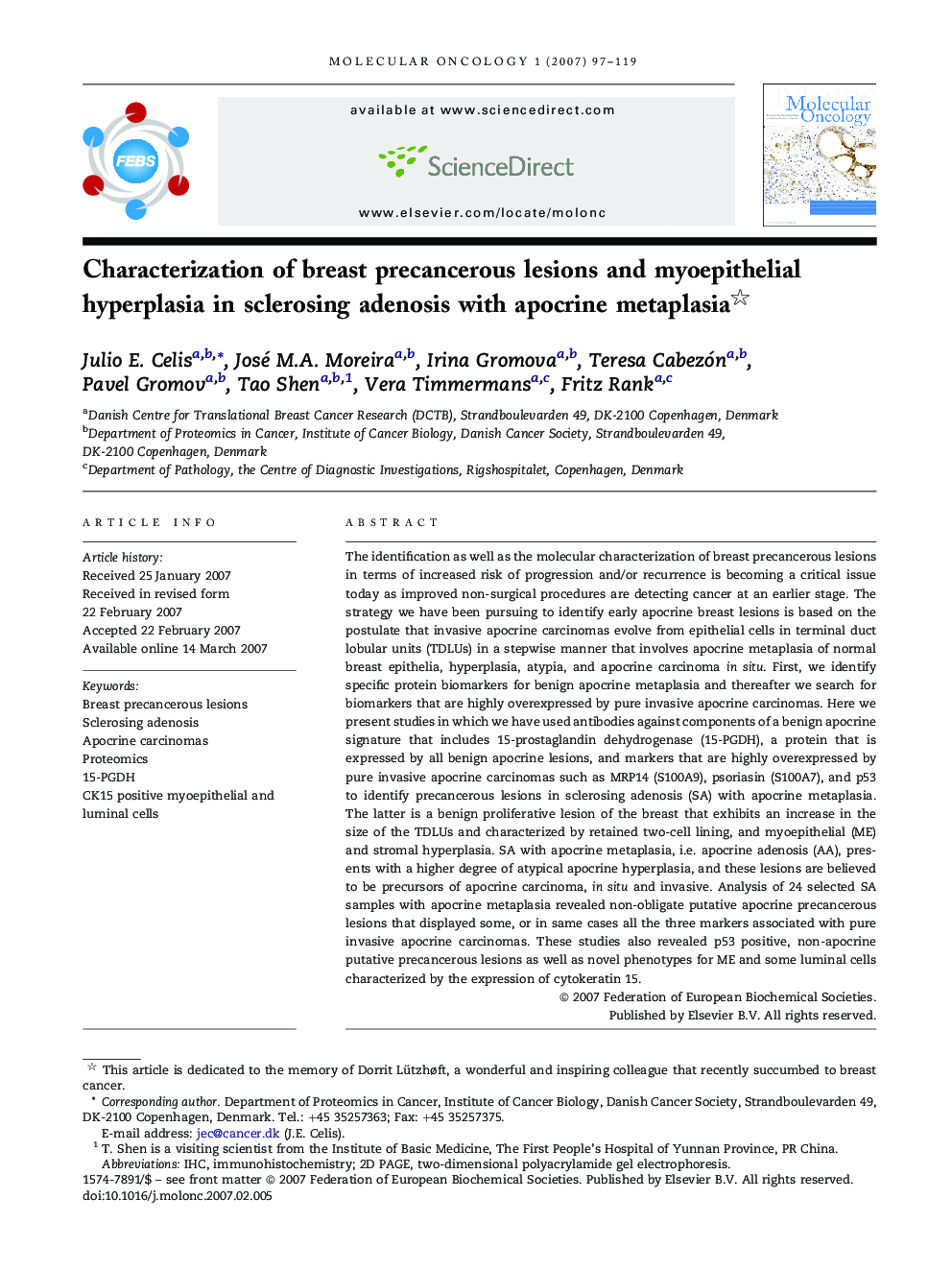 Characterization of breast precancerous lesions and myoepithelial hyperplasia in sclerosing adenosis with apocrine metaplasia 