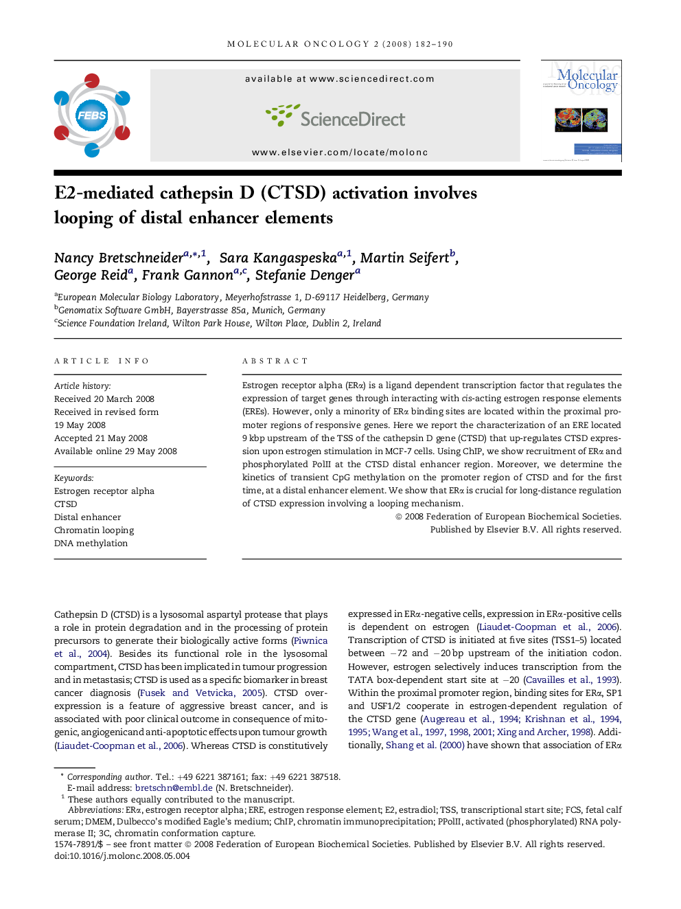 E2-mediated cathepsin D (CTSD) activation involves looping of distal enhancer elements