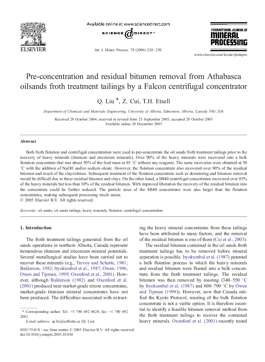 Pre-concentration and residual bitumen removal from Athabasca oilsands froth treatment tailings by a Falcon centrifugal concentrator