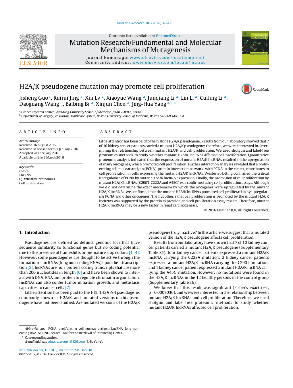 H2A/K pseudogene mutation may promote cell proliferation