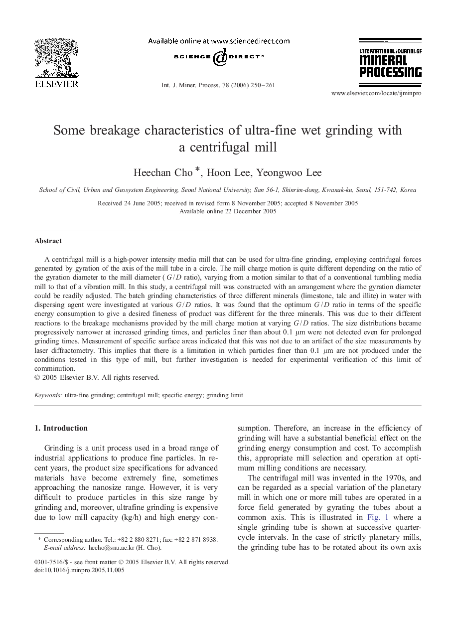 Some breakage characteristics of ultra-fine wet grinding with a centrifugal mill