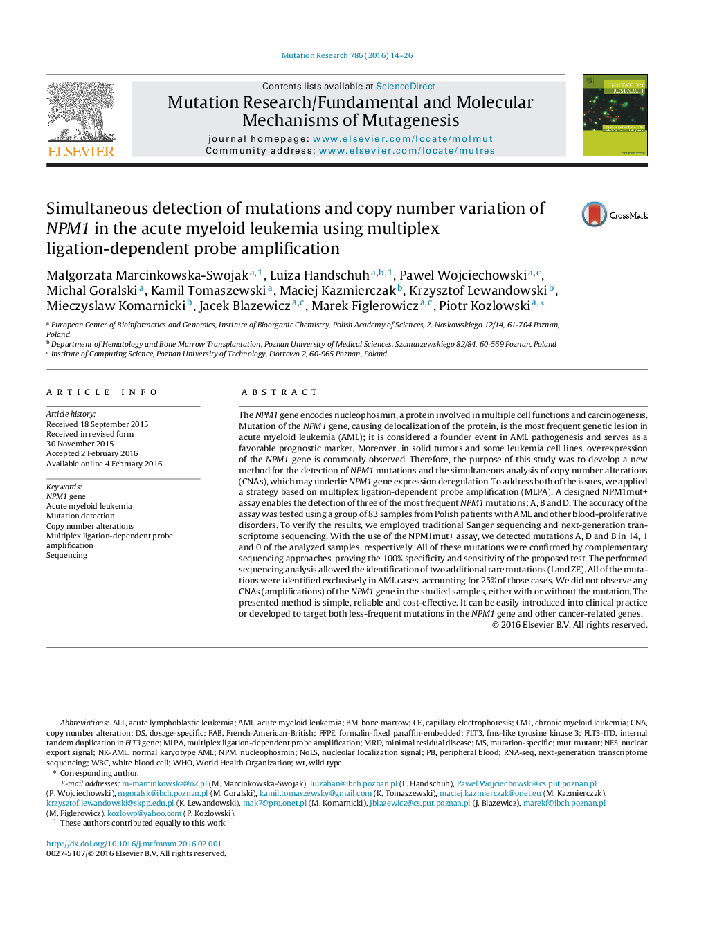 Simultaneous detection of mutations and copy number variation of NPM1 in the acute myeloid leukemia using multiplex ligation-dependent probe amplification