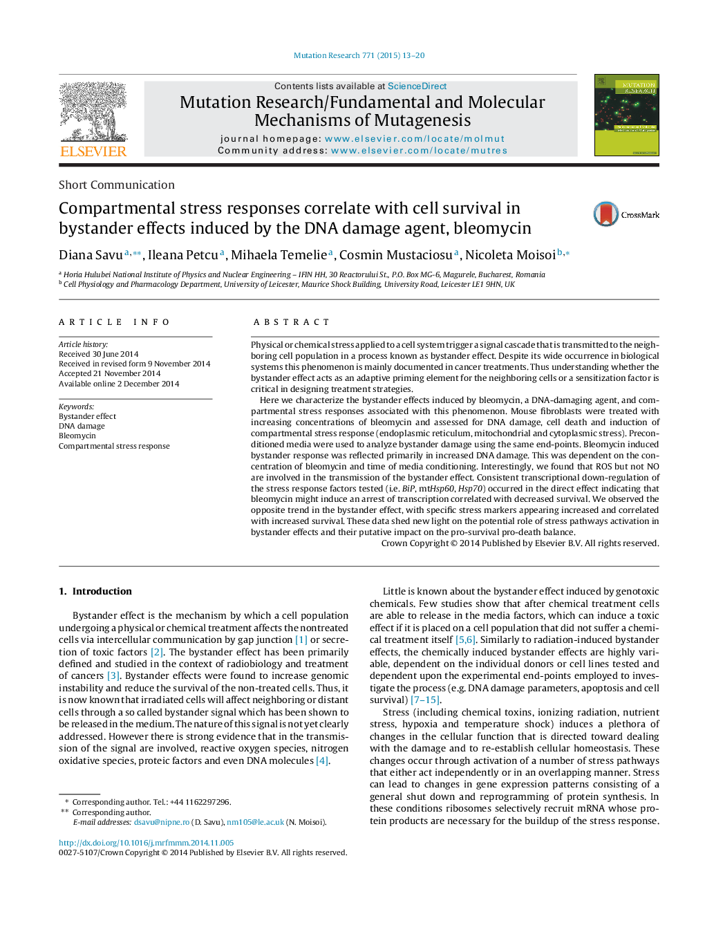 Compartmental stress responses correlate with cell survival in bystander effects induced by the DNA damage agent, bleomycin