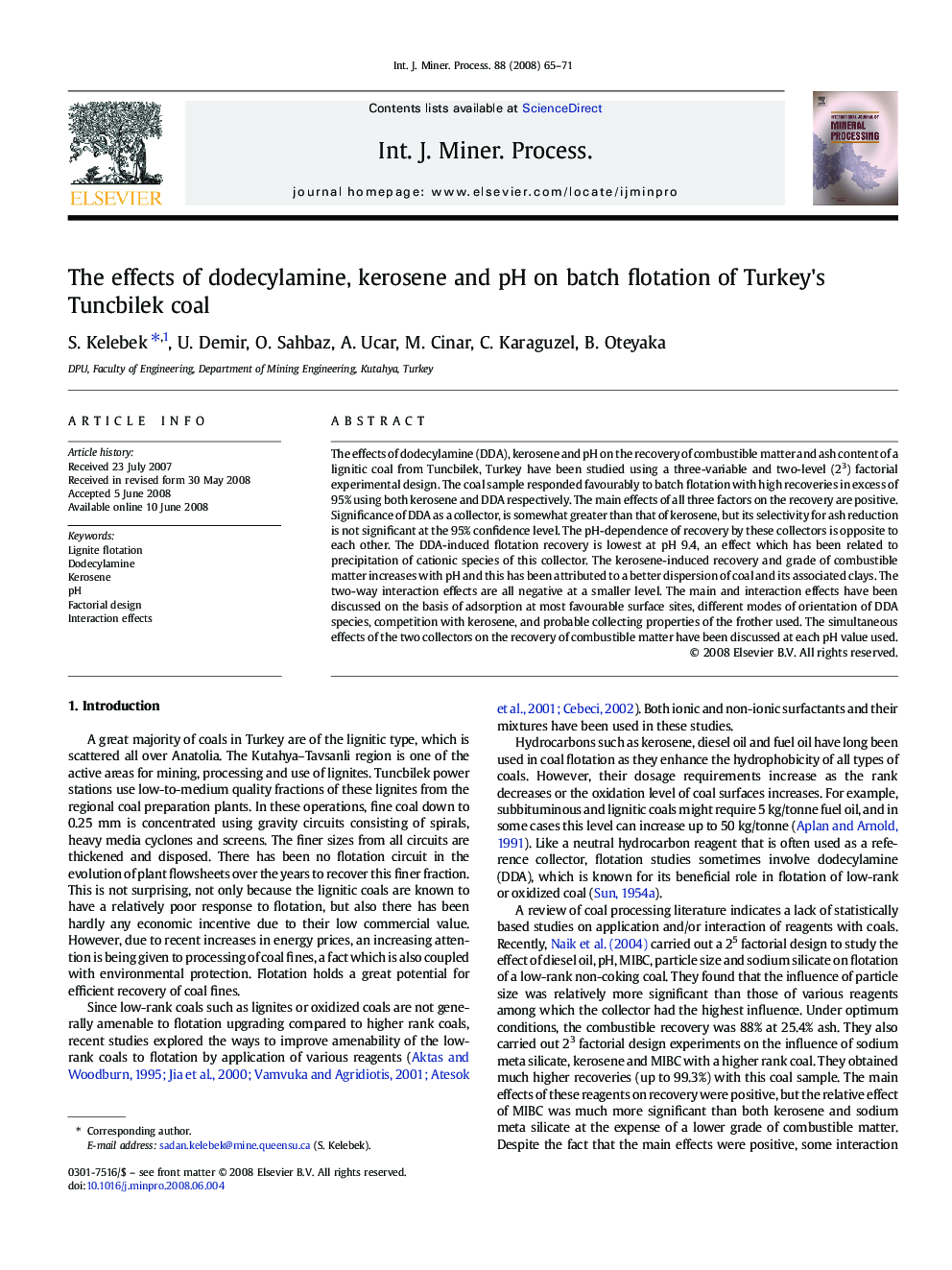 The effects of dodecylamine, kerosene and pH on batch flotation of Turkey's Tuncbilek coal